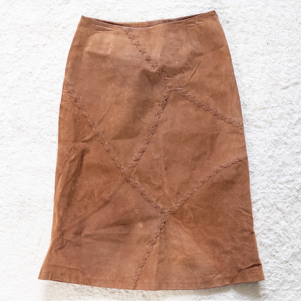 Vintage Y2K Boho Western Leather Patchwork Midi Skirt Size 8 - Picture 7 of 8